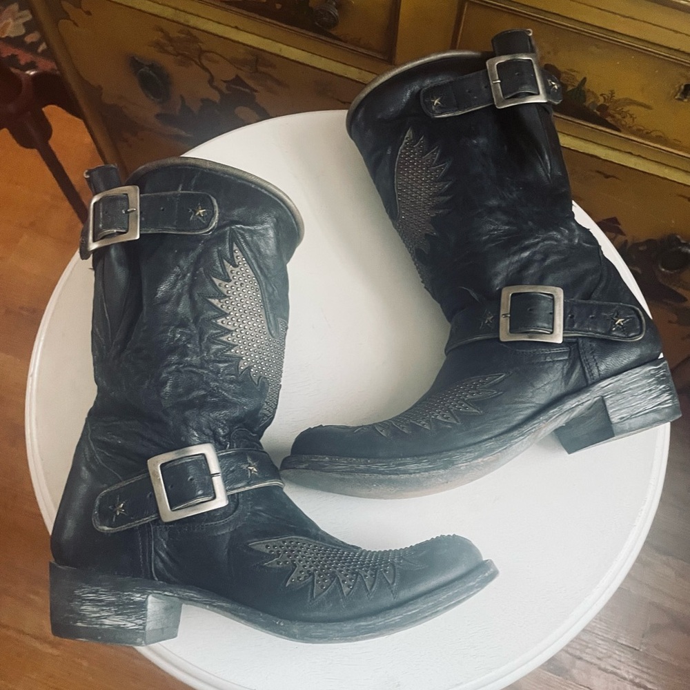 OLD GRINGO MEXICANA Black Leather Iron Eagle Studded Biker Boots 9.5 10 Like New - Picture 6 of 13